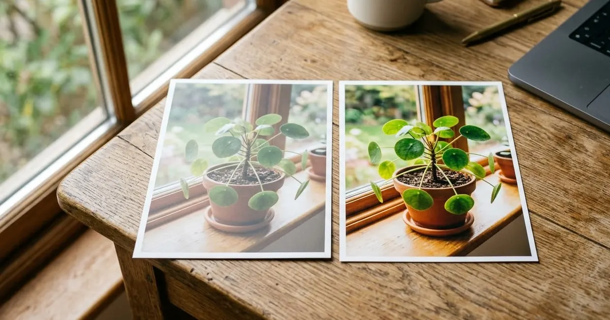 A hand holding two printed photos of the same product side by side, comparing an older and a newer AI-generated version
