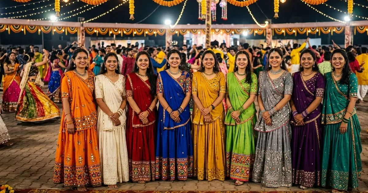 Nine women in a row of chaniya cholis, each in one of the nine Navratri colours, under festive string lights