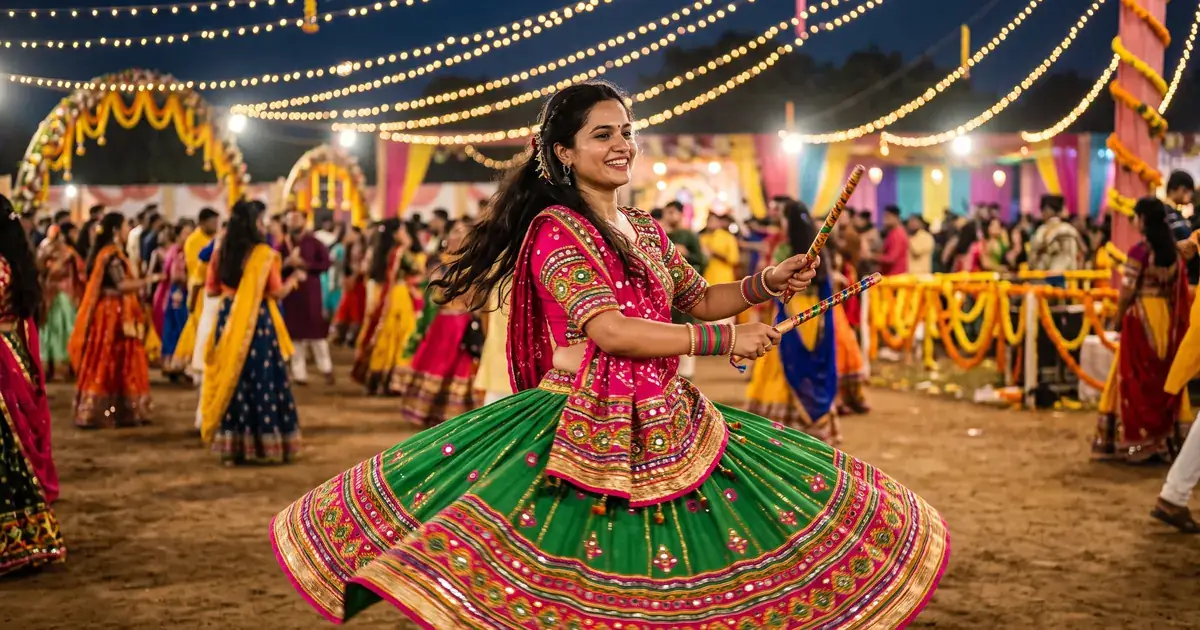 A woman in a bright mirror-work chaniya choli twirling under warm string lights, holding dandiya sticks