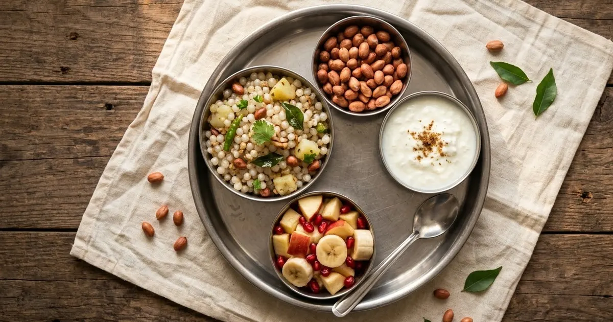 An overhead flat lay of a Navratri fasting thali with sabudana khichdi, fruit, curd and roasted peanuts in small steel bowls, on a wooden table