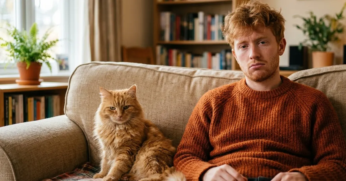 A fluffy ginger cat and a young man with ginger hair and a matching orange knitted jumper sitting side by side on a sofa