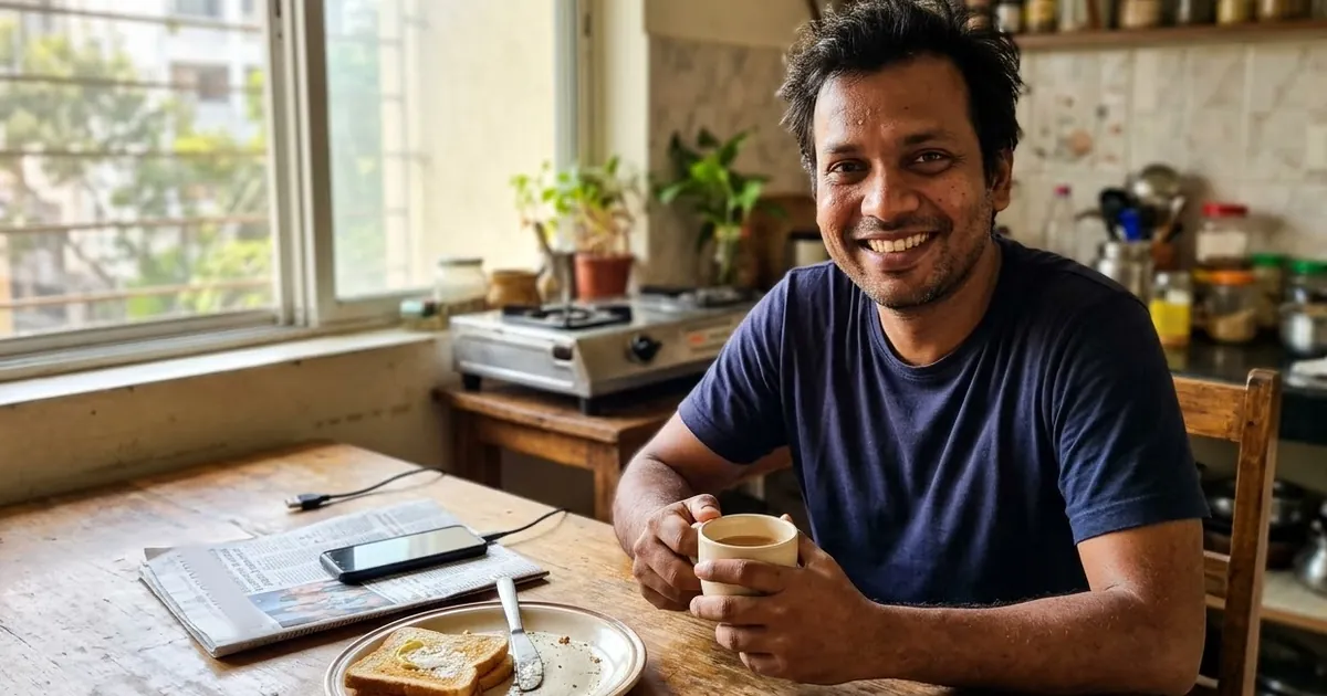 A candid phone photo of a smiling man at a kitchen table in morning window light, with visible skin texture and a slightly messy background