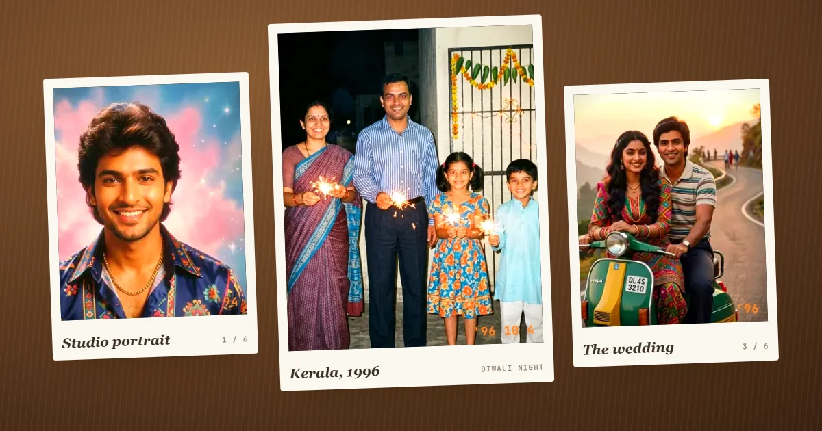A 1990s-style Diwali family photo printed as a polaroid, with sparklers, diyas and marigold garlands on a terrace, in warm faded film colours