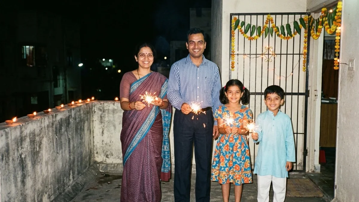 A 1990s-style Diwali family photo on a terrace with sparklers, diyas on the parapet and marigolds on the grille door