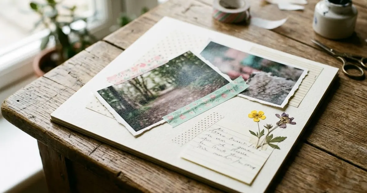 A scrapbook page on a wooden table with torn-edge printed photos, pastel washi tape, a handwritten note and pressed flowers