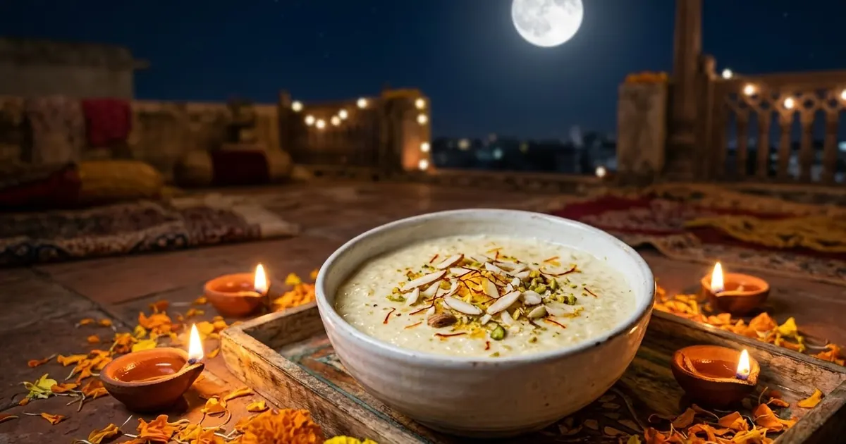 A bowl of kheer topped with almonds and saffron on a decorated terrace at night, with clay diyas, marigold petals and a glowing full moon above