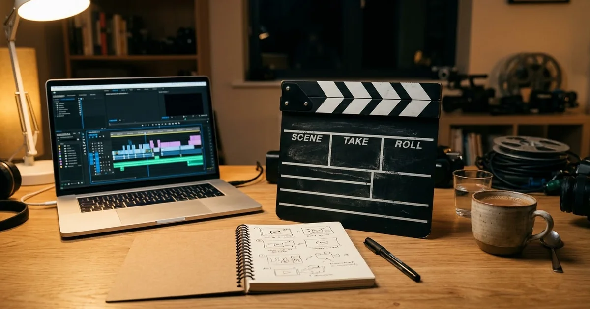 A film clapperboard, a notebook of handwritten shot notes and a laptop showing a video timeline on a wooden desk