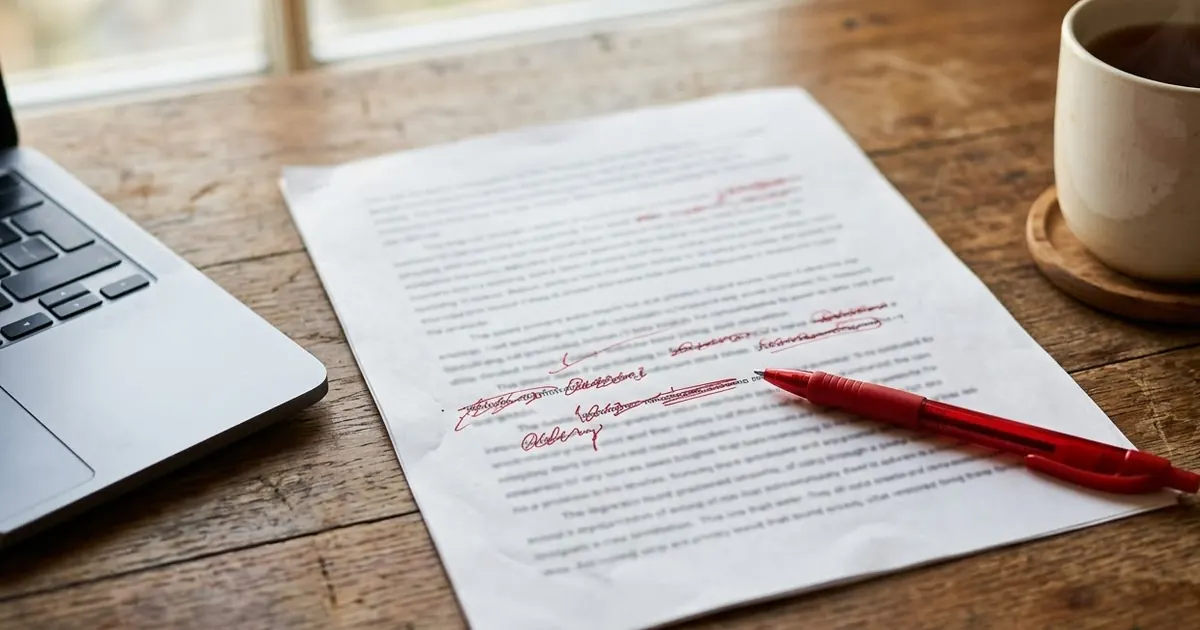 A printed page of writing on a desk with several phrases crossed out in red pen, next to a laptop and a cup of tea