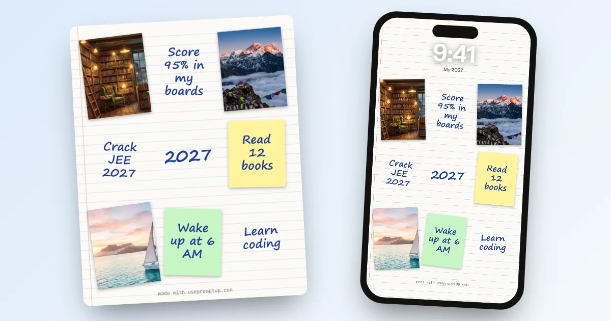 A notebook-paper style study vision board phone wallpaper with goals like score 95 percent in boards, crack JEE and read 12 books