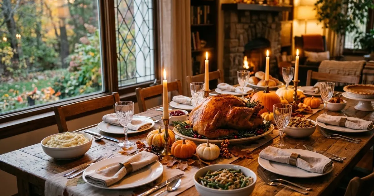 A long wooden dinner table set for Thanksgiving with a roast, pumpkins, candles and autumn leaves, warm evening light through a window