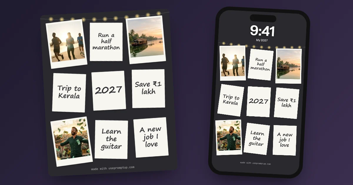 A 2027 vision board in the polaroid style with fairy lights, pictures of mountains, a beach and books, and handwritten goals