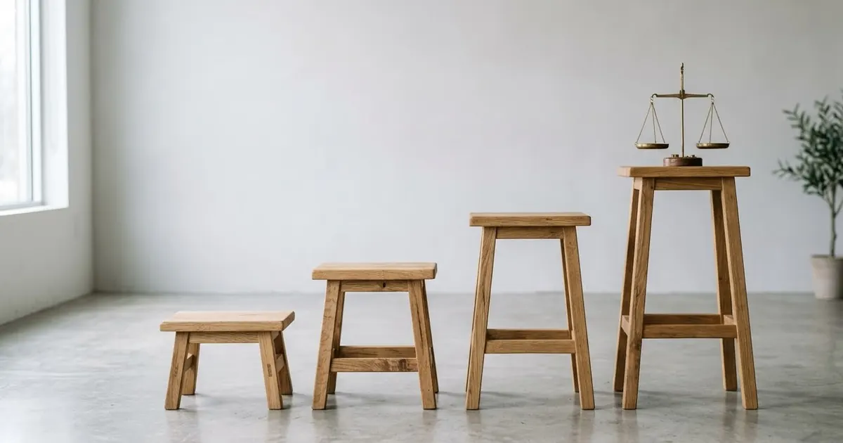 Four wooden stools of different heights lined up in a bright studio, with a small set of brass weighing scales on the tallest one