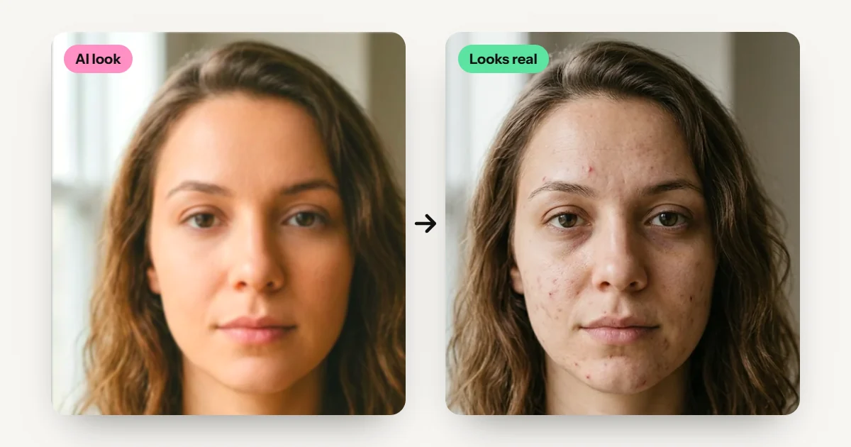 The same portrait twice, glossy and airbrushed on the left, natural phone-photo look with real skin texture on the right