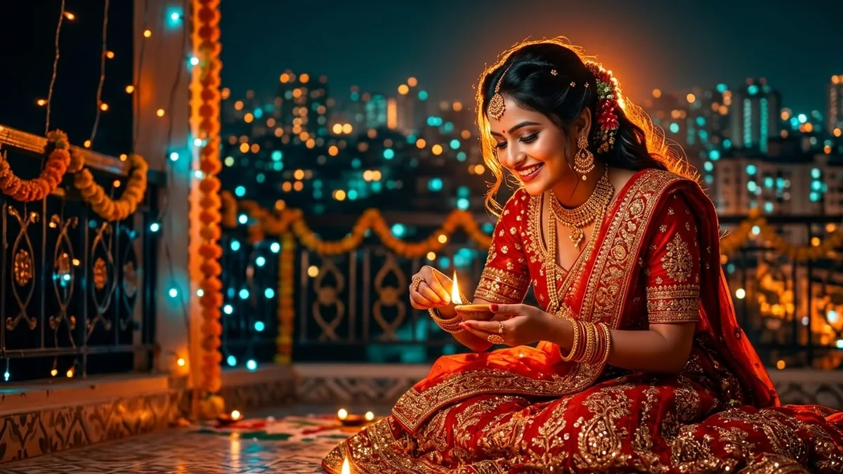 A woman in a red lehenga lighting a diya, with airbrushed glowing skin and orange-and-teal cinematic colours