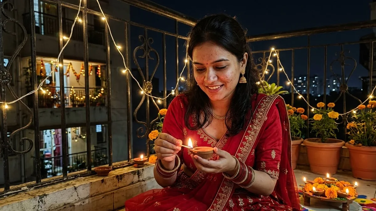 A woman in a red lehenga lighting a diya on a real balcony with fairy lights and potted marigolds, natural skin texture