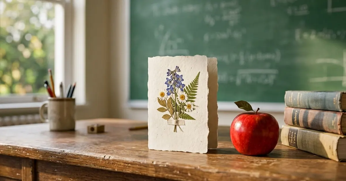 A handmade thank-you card with a pressed flower and an apple on a wooden teacher's desk, a chalkboard softly blurred behind