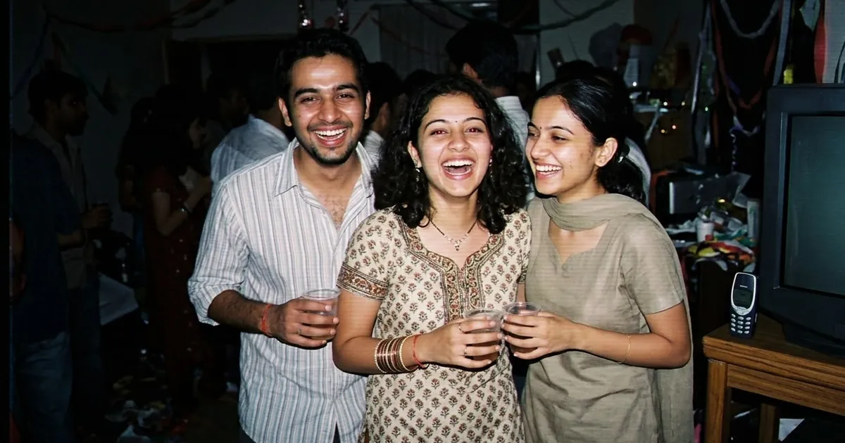 Three friends laughing at a crowded house party in the early 2000s, lit by harsh on-camera flash, with an old CRT television and a flip phone beside them
