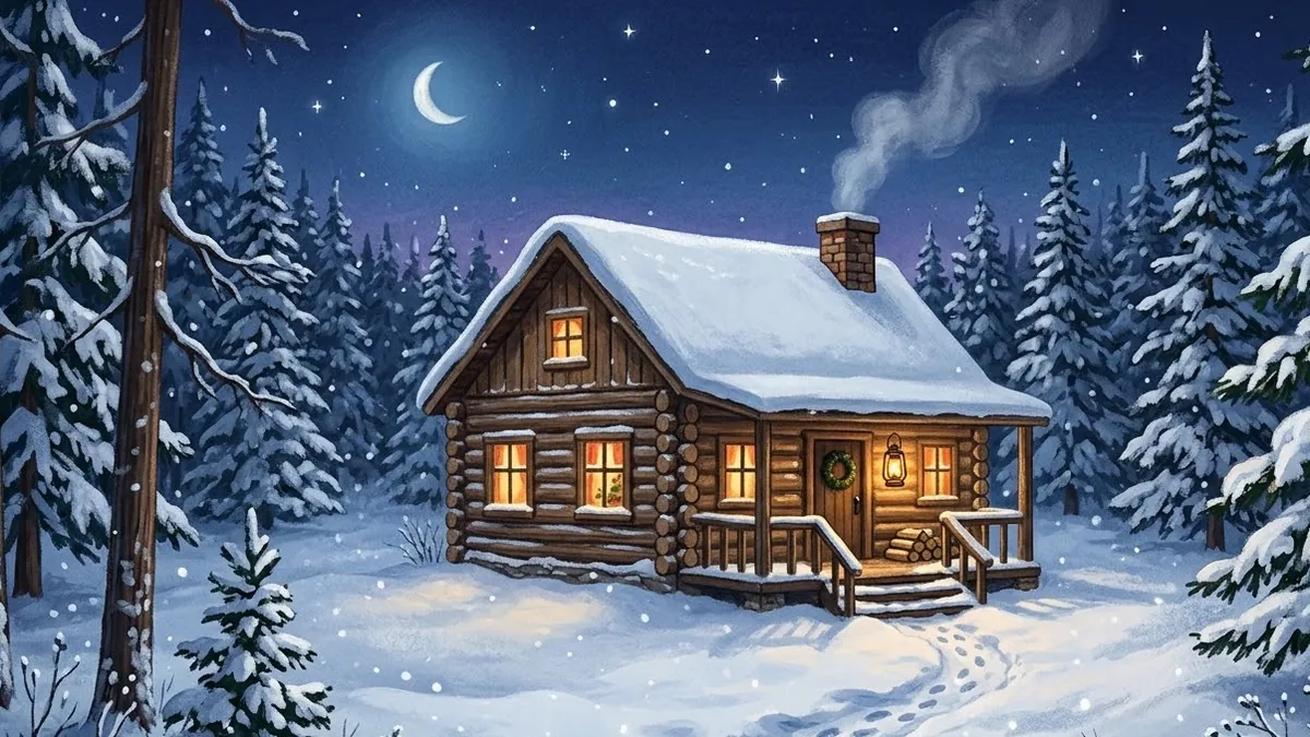 Example result: Cosy winter cabin at night