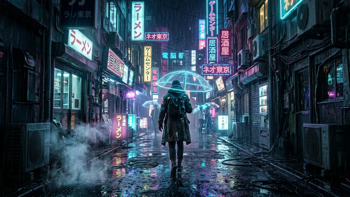 Example result: Cyberpunk neon rain street