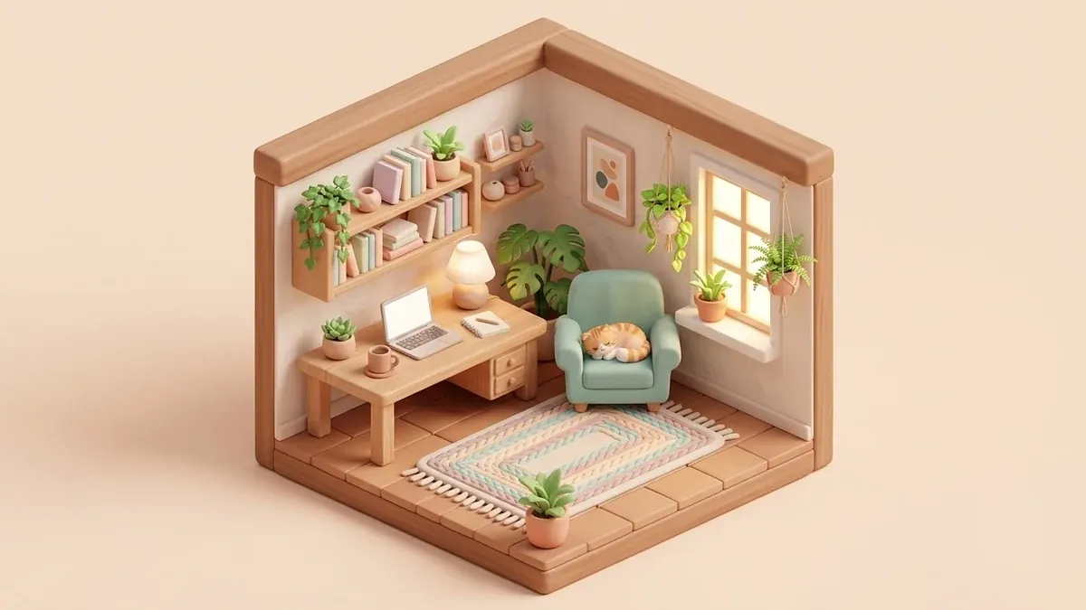 Example result: Cute isometric 3D room illustration