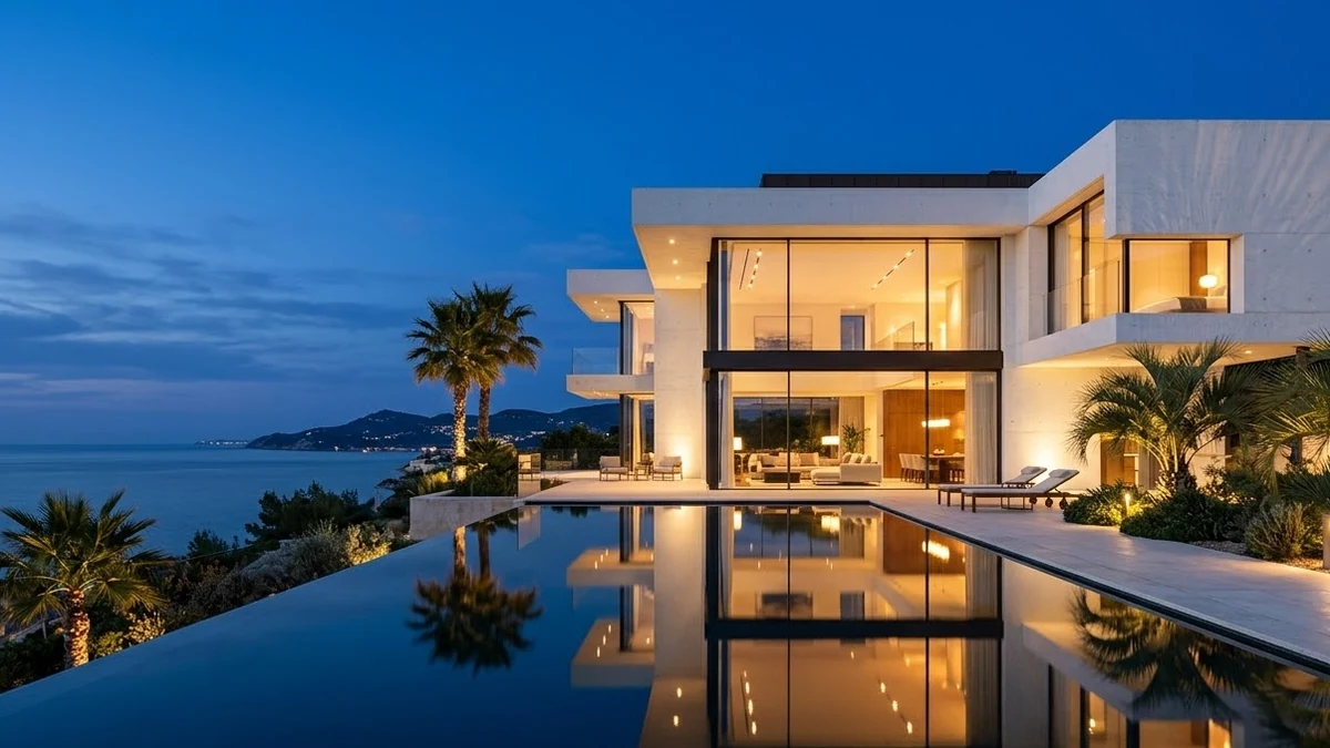 Example result: Modern villa with a pool at dusk