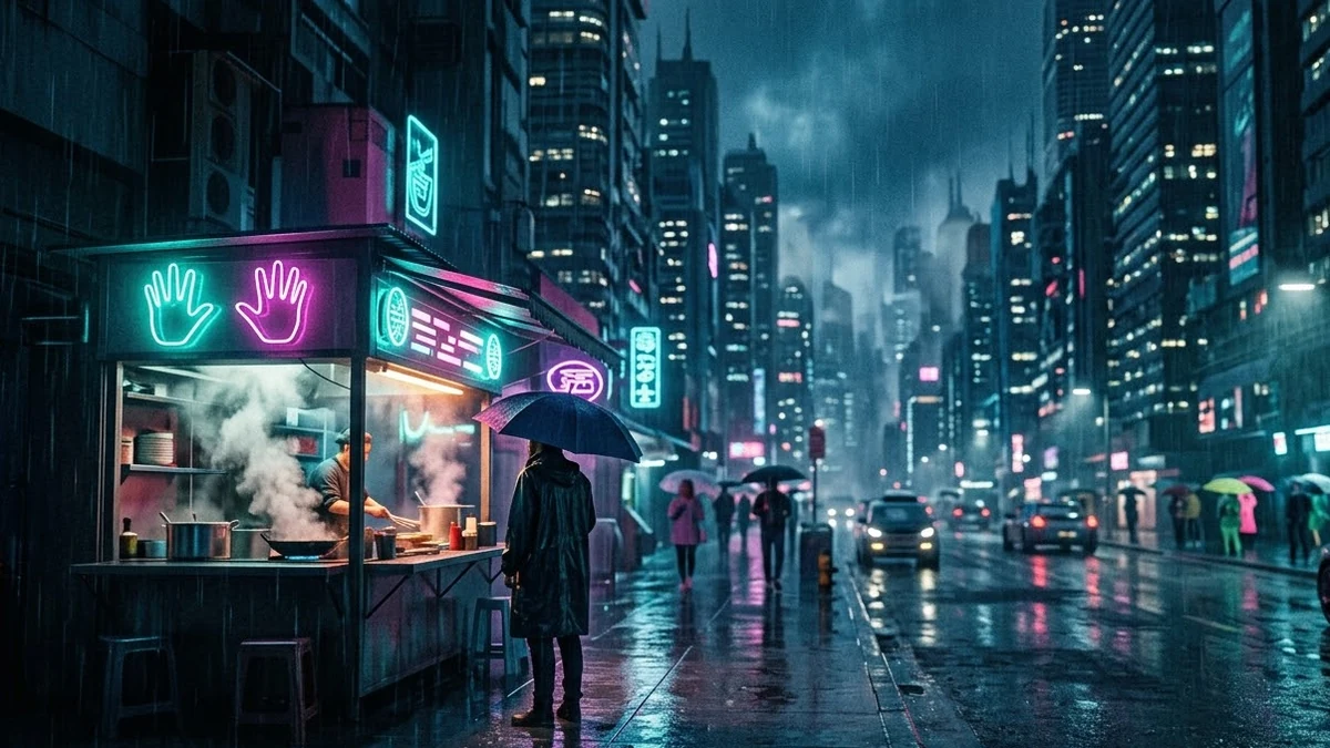 Example result: Neon sci-fi city street