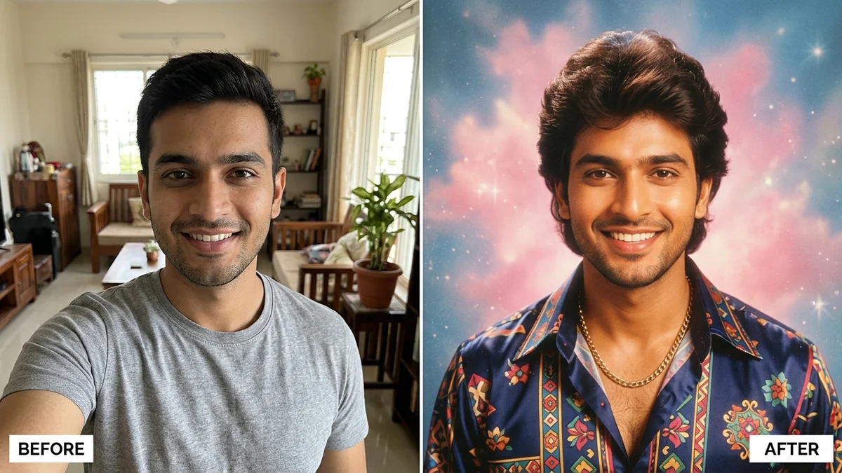 Before and after example: Viral 1980s Bollywood retro portrait
