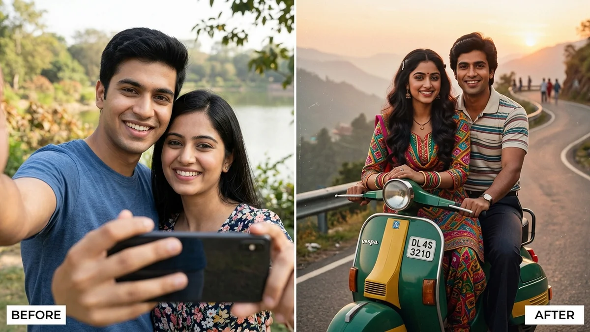 Before and after example: 1980s vintage Bollywood couple photo