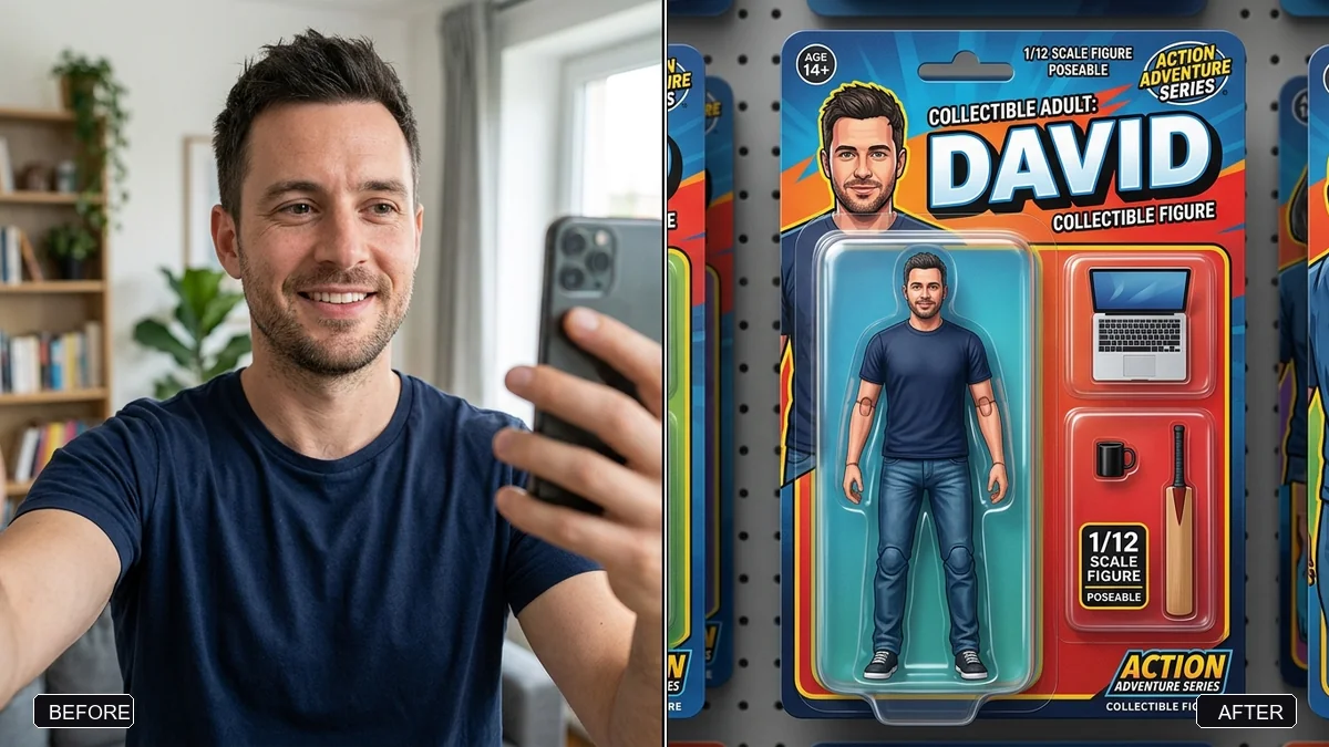 Before and after example: Me as an action figure in toy packaging