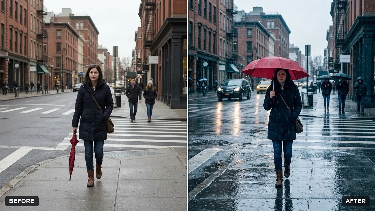Before and after example: Add a rain effect to a photo