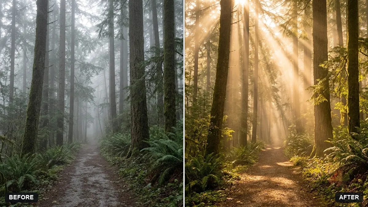 Before and after example: Add sun rays through trees