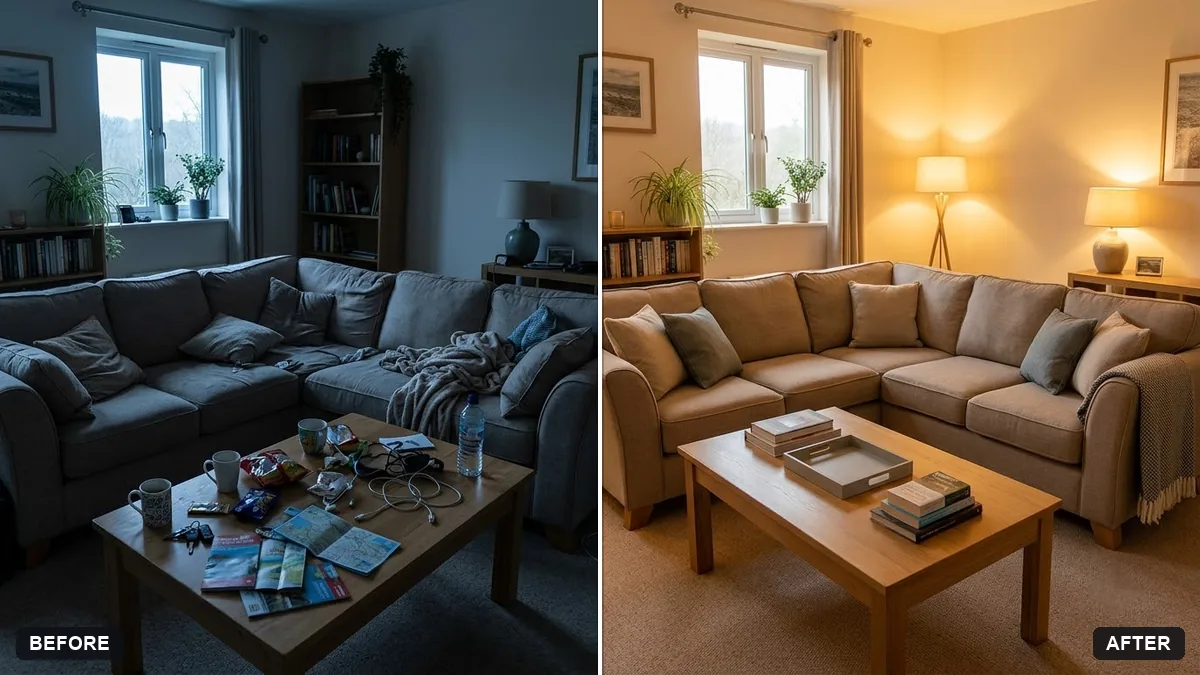 Before and after example: Warm up a living room for a rental listing