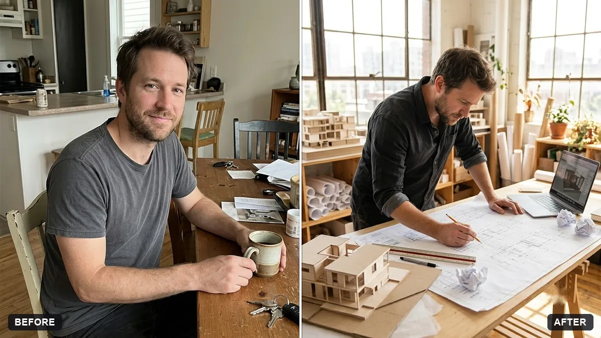 Before and after example: Architect at work portrait