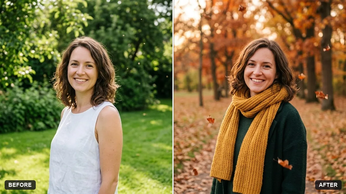 Before and after example: Autumn leaves portrait