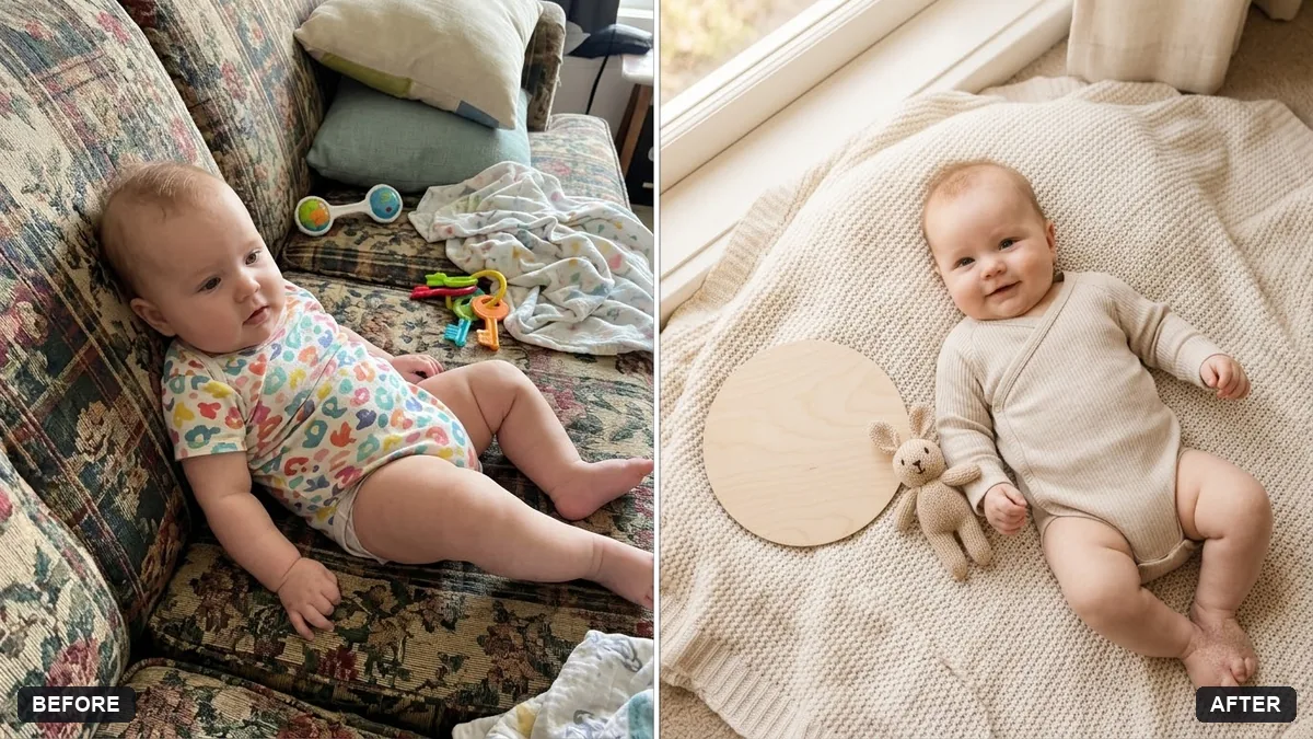 Before and after example: Baby milestone photo card