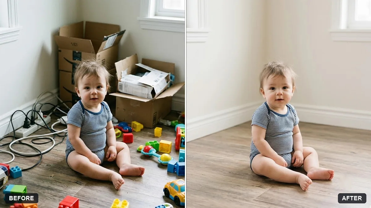 Before and after example: Clean up a baby photo background