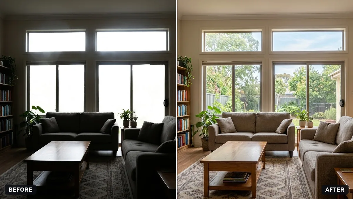 Before and after example: Balance a bright window and a dark room