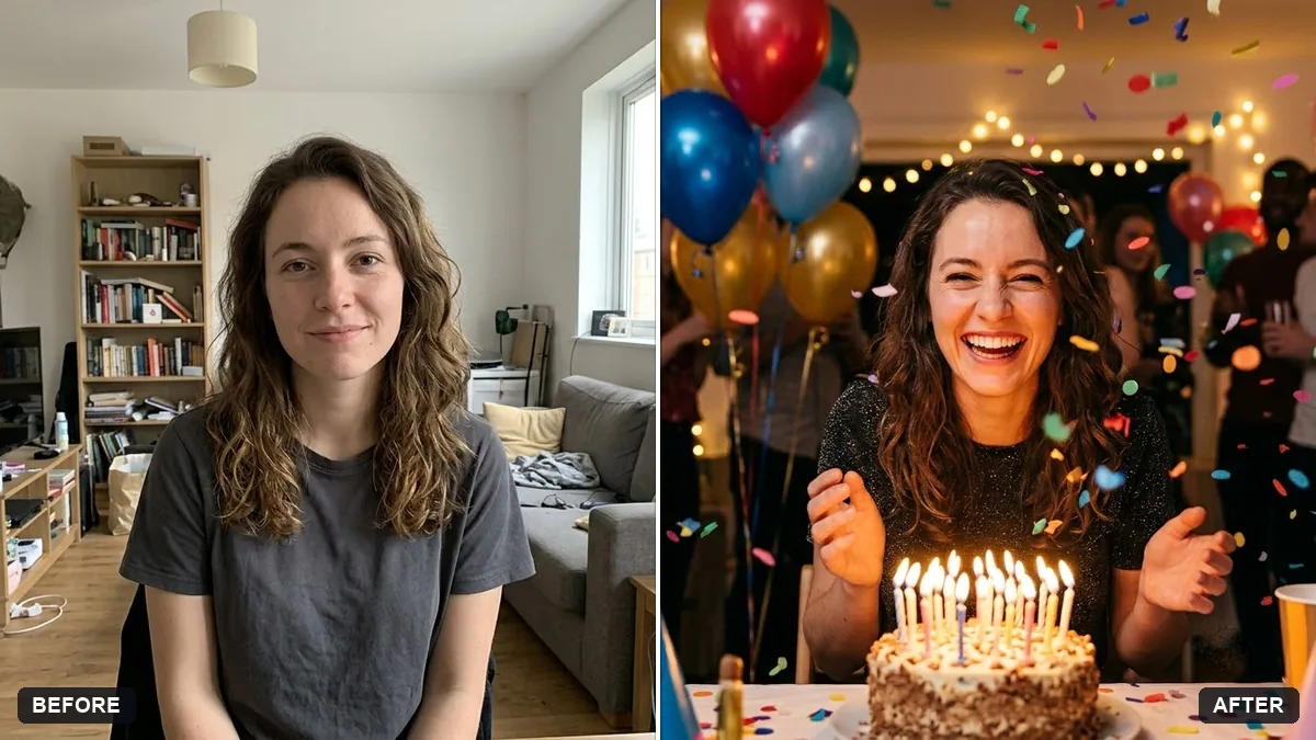 Before and after example: Birthday portrait with balloons and confetti