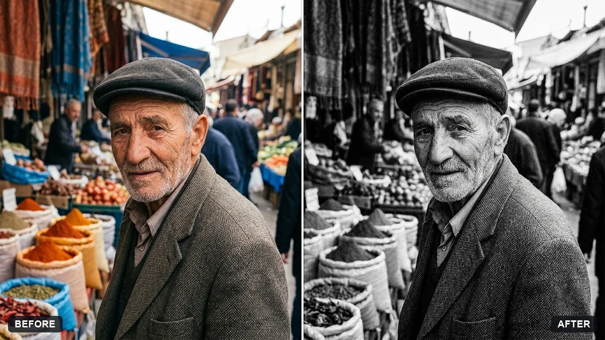 Before and after example: High-contrast black-and-white conversion