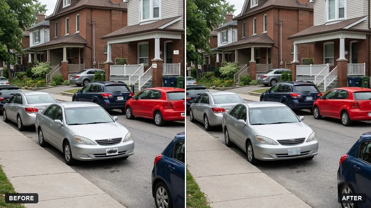 Before and after example: Blur licence plates and house numbers