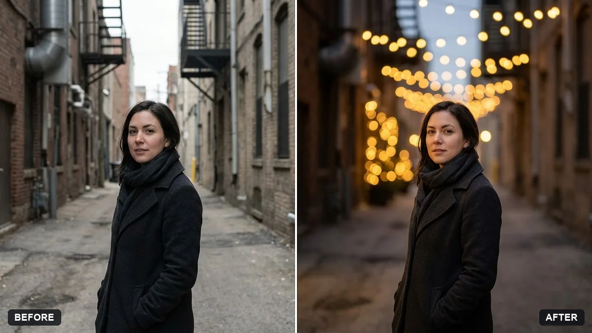 Before and after example: Add dreamy bokeh lights