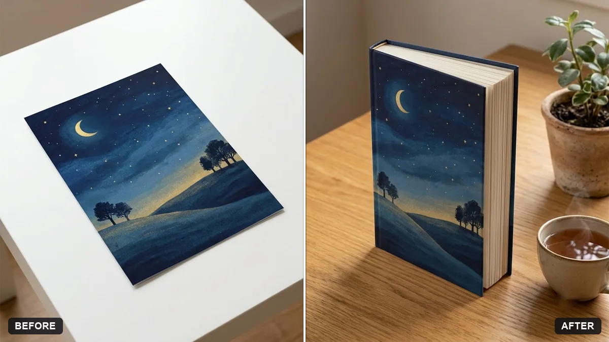 Before and after example: Book cover as a 3D mockup