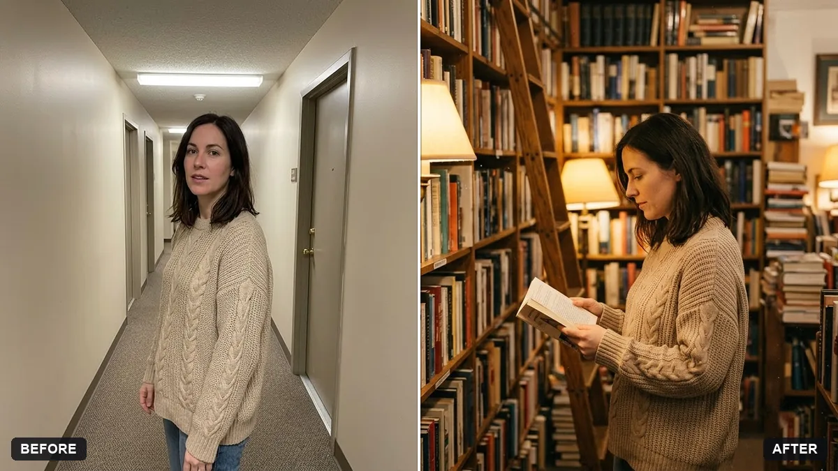 Before and after example: Cosy bookstore portrait