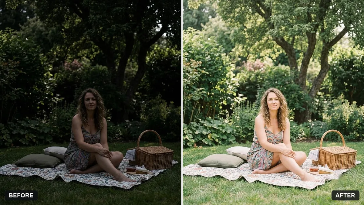 Before and after example: Bright and airy photo preset
