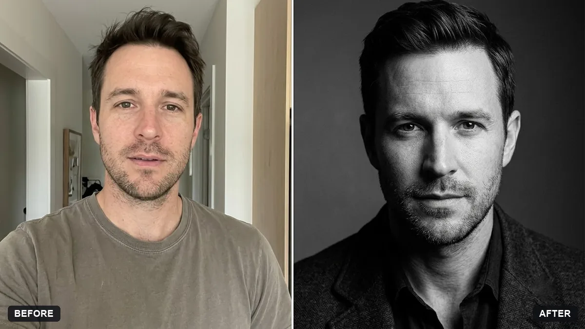 Before and after example: Actor-style black-and-white headshot
