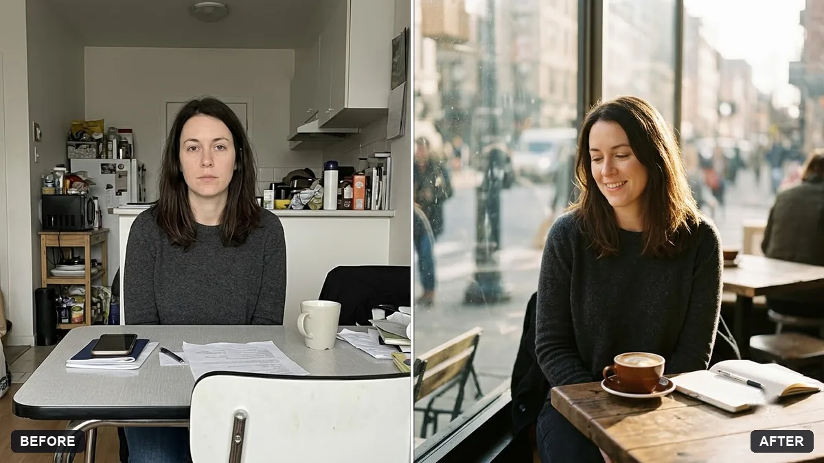 Before and after example: Cafe window light portrait