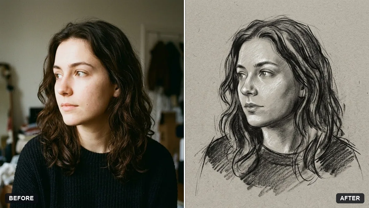 Before and after example: Charcoal drawing portrait