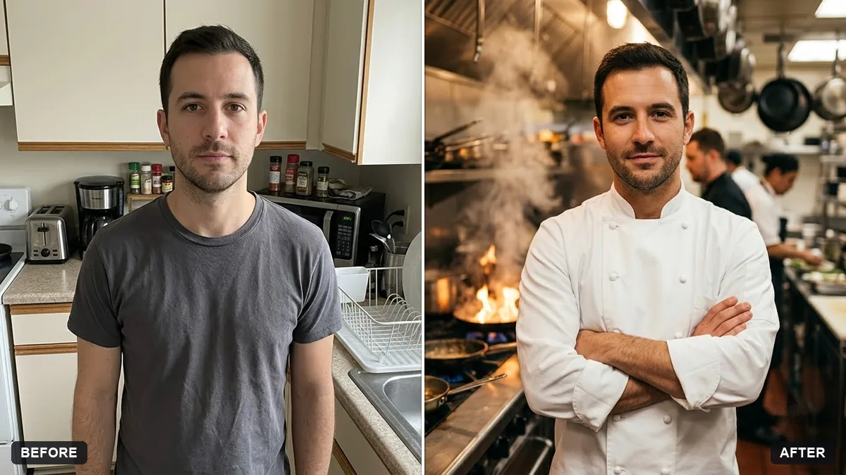 Before and after example: Chef portrait in a professional kitchen