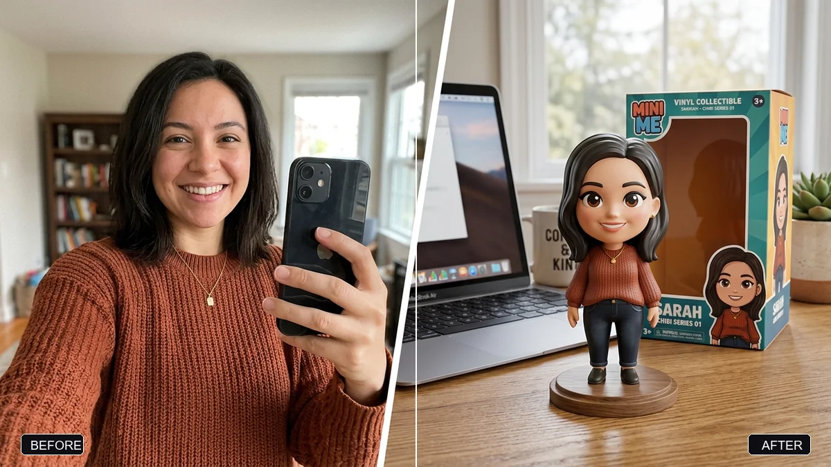 Before and after example: Chibi 3D figurine of yourself on a desk