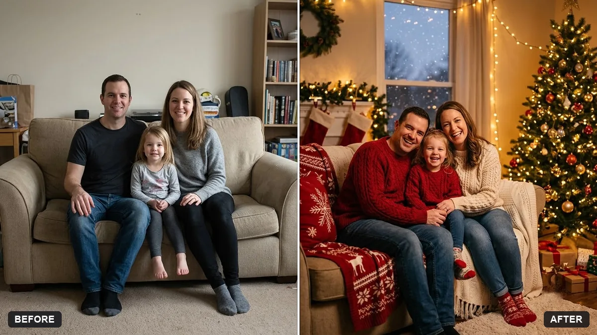 Before and after example: Turn a family photo into a Christmas card